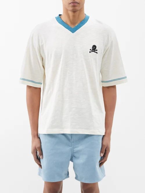 Sailor V-neck Logo-embroidered Cotton T-shirt - Mens - Ivory
