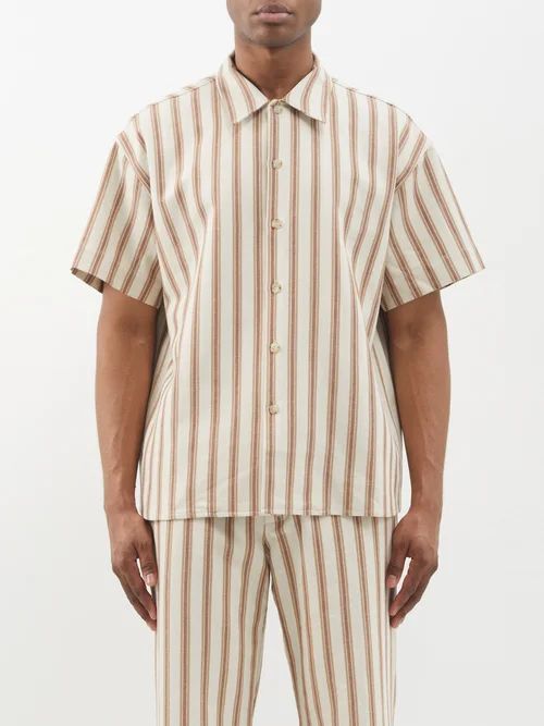 Striped Cotton-blend Shirt - Mens - Brown Beige