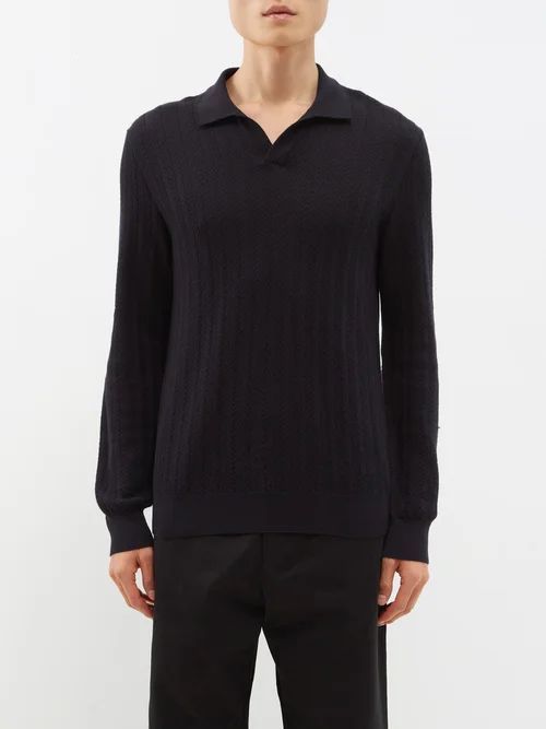 Open-collar Ribbed Cotton Polo Shirt - Mens - Dark Blue