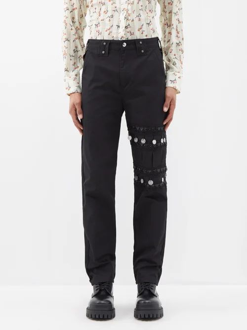 Coin-embroidered Cotton-blend Twill Trousers - Mens - Black