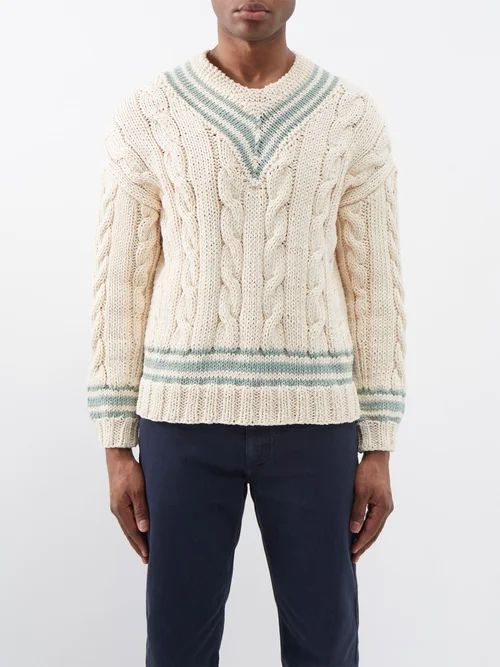 V-collegium Cable-knit Wool Sweater - Mens - Beige