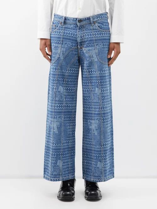 Kampala Laser-etched Wide-leg Jeans - Mens - Light Indigo