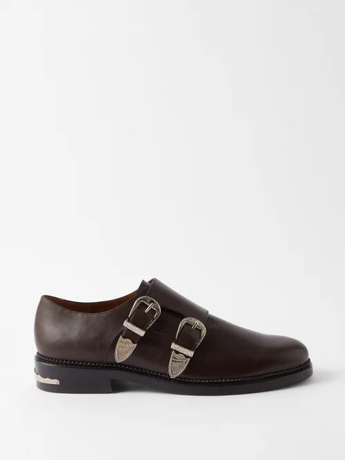 Concho-embellished Leather Monk Shoes - Mens - Dark Brown