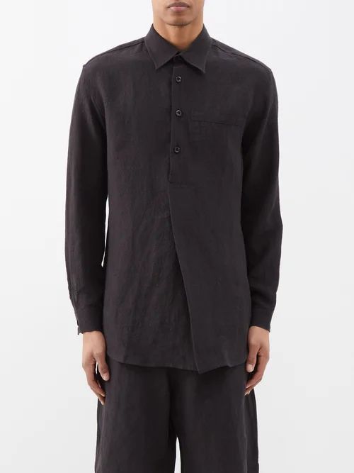 Highland Asymmetric-placket Linen Shirt - Mens - Black