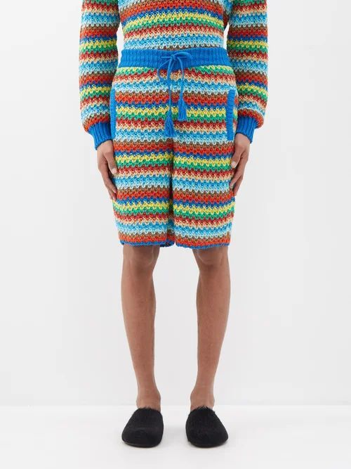 Over The Rainbow Striped Crochet-cotton Shorts - Mens - Multi