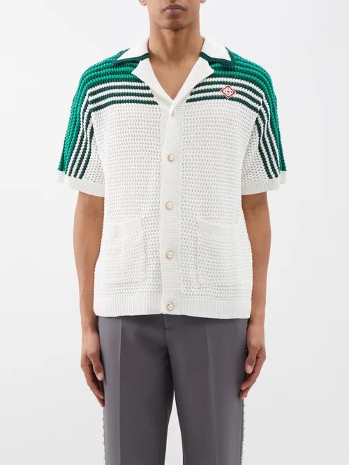 Striped Cotton-crochet Shirt - Mens - Green White