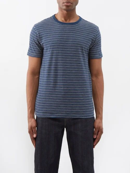 Striped Crew-neck Cotton T-shirt - Mens - Blue Multi