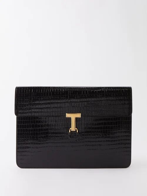 T-hardware Crocodile-effect Leather Briefcase - Mens - Black