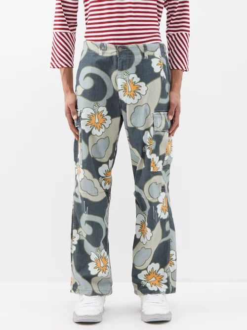 Hibiscus-print Cotton-blend Cargo Trousers - Mens - Grey Multi