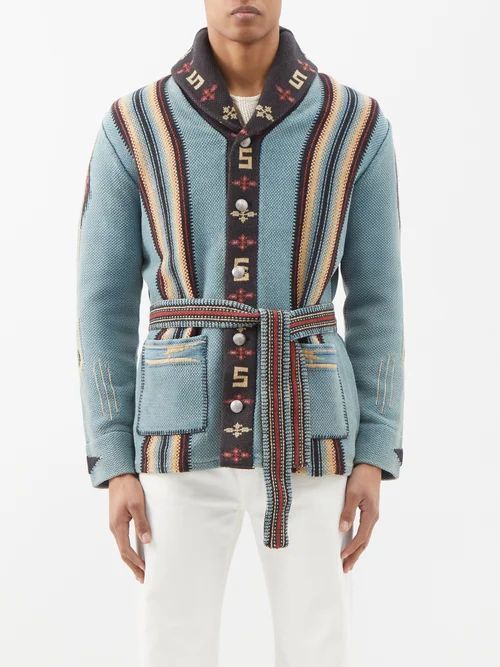 Ranch Shawl-collar Jacquard-knit Cardigan - Mens - Blue Multi