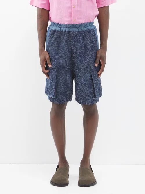 19th-century Patchwork Linen And Silk Shorts - Mens - Marine