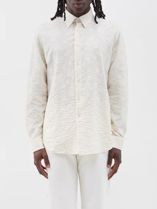 Adrian Floral-jacquard Cotton Shirt - Mens - Natural