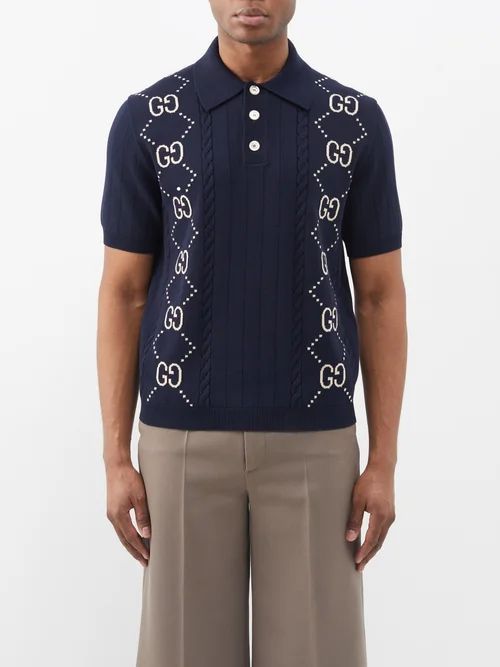GG-logo Knitted Cotton Polo Shirt - Mens - Blue Ivory