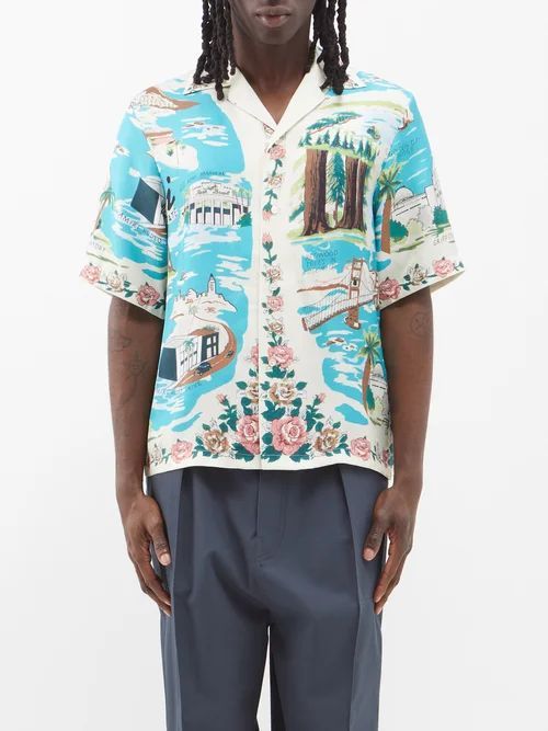 Landmark-print Silk Bowling Shirt - Mens - Multi