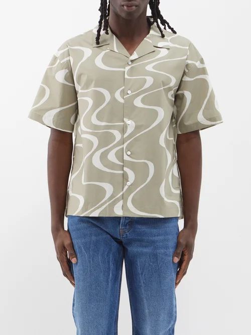 Wave-print Cotton-poplin Shirt - Mens - Khaki Multi