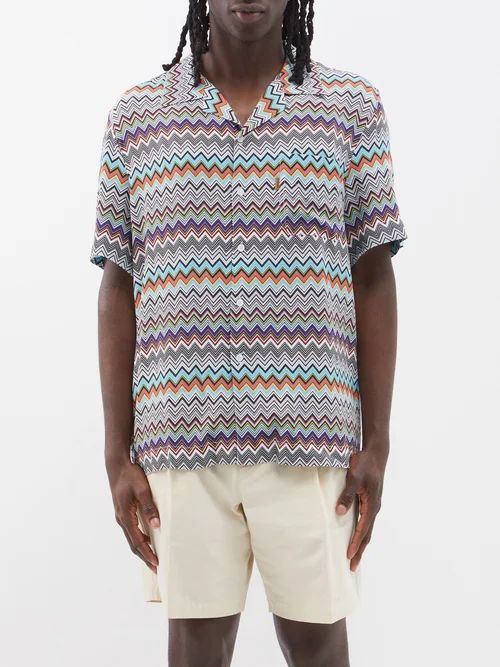 Zigzag-print Cuban-collar Shirt - Mens - Multi