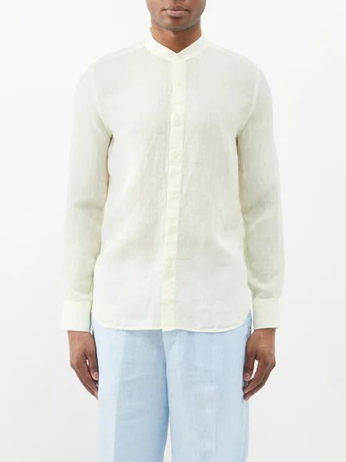 120% Lino - Collarless Linen-voile Shirt - Mens - Yellow