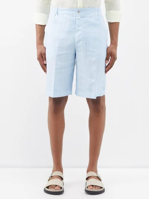 120% Lino - Flat-front Linen Shorts - Mens - Light Blue