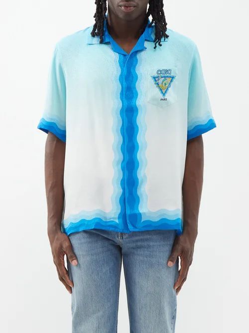 Alebrije Armadillo-print Cuban-collar Silk Shirt - Mens - Blue White