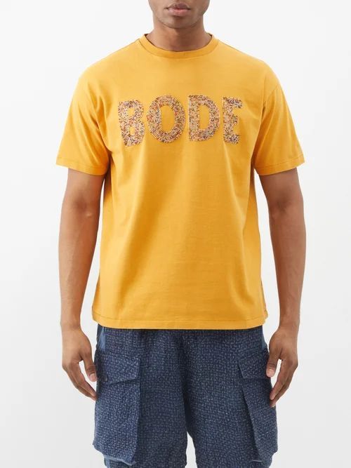Beaded-logo Cotton-jersey T-shirt - Mens - Gold