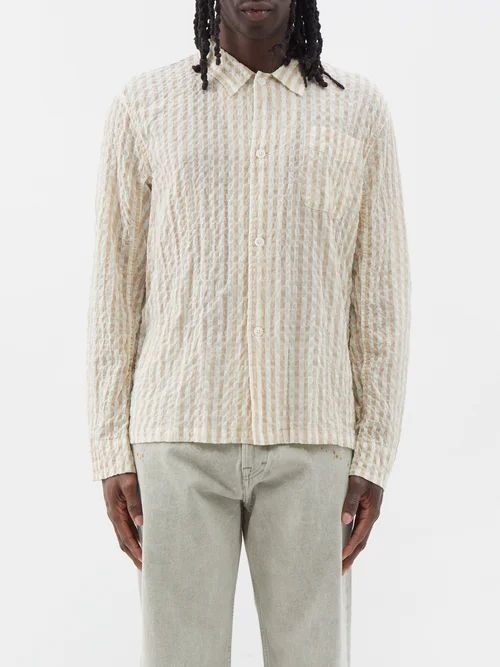 Box Check Cotton-blend Seersucker Shirt - Mens - Cream Multi