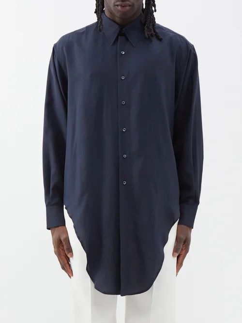Dipped-hem Silk Shirt - Mens - Navy