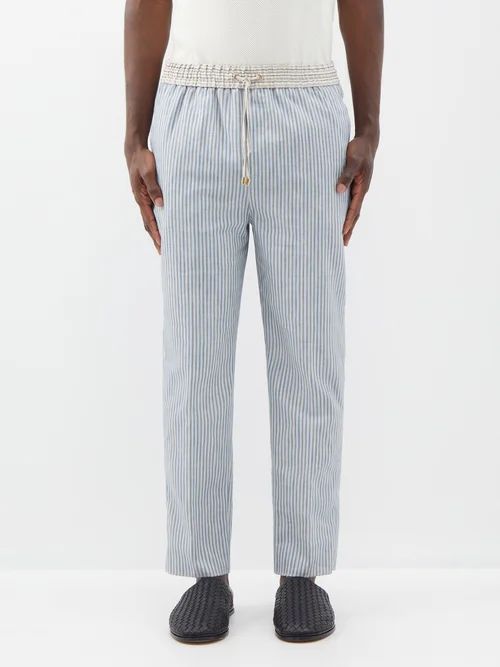 Drawstring Pinstriped-cotton Trousers - Mens - Beige Multi
