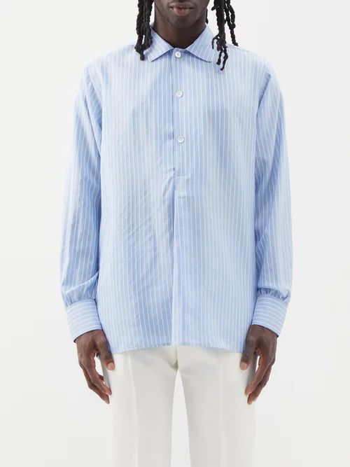 Half-placket Striped Silk Shirt - Mens - Blue Multi