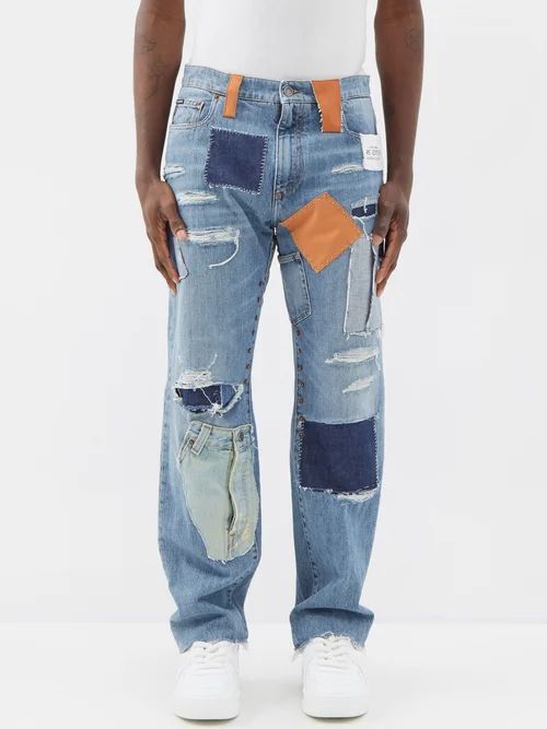 Patchwork Leather-trim Straight-leg Jeans - Mens - Blue Multi