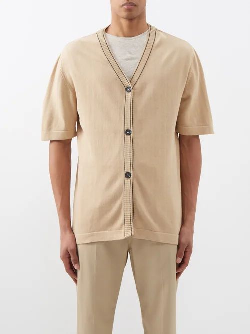 Short-sleeved Cotton Cardigan - Mens - Sand