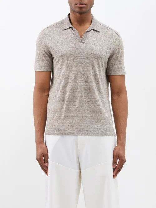 Short-sleeved Linen Polo Shirt - Mens - Grey
