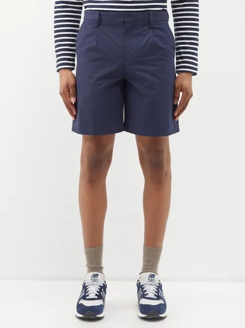Terry Pleated Cotton-blend Shorts - Mens - Navy