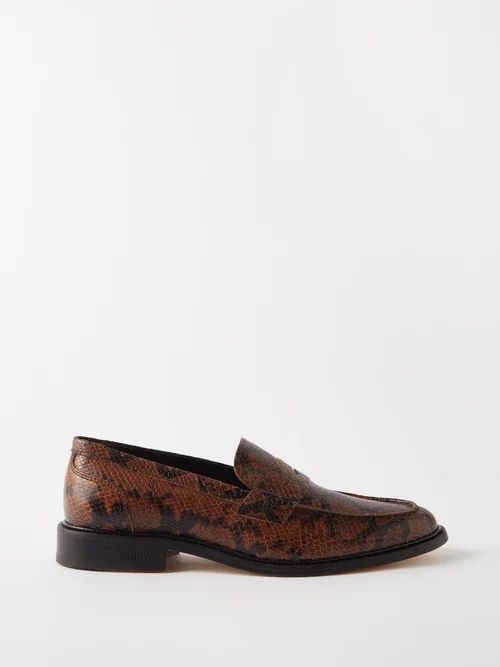 Townee Python-effect Leather Penny Loafers - Mens - Brown