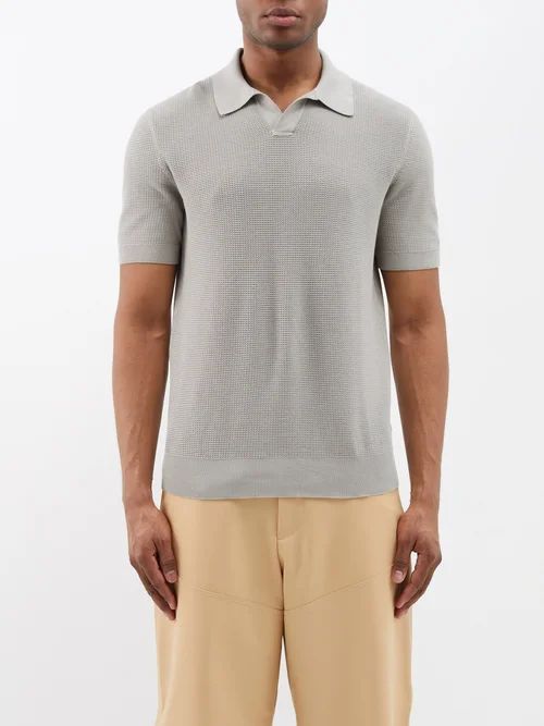 Waffle-knit Cotton Polo Shirt - Mens - Grey