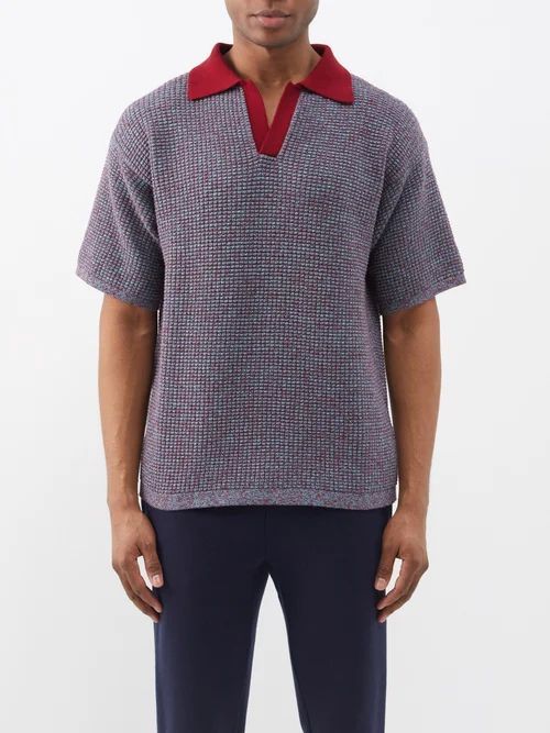 Waffle-knit Organic-cotton Blend Polo Shirt - Mens - Grey Multi