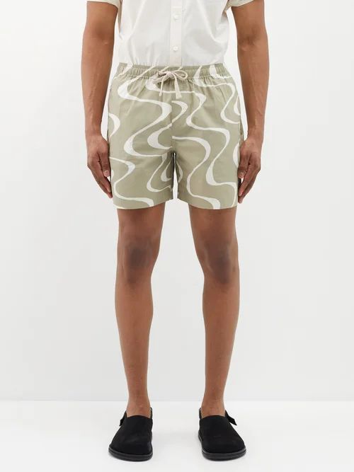 Wave-print Organic-cotton Shorts - Mens - Khaki Multi
