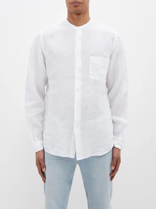 Collarless Linen Shirt - Mens - White