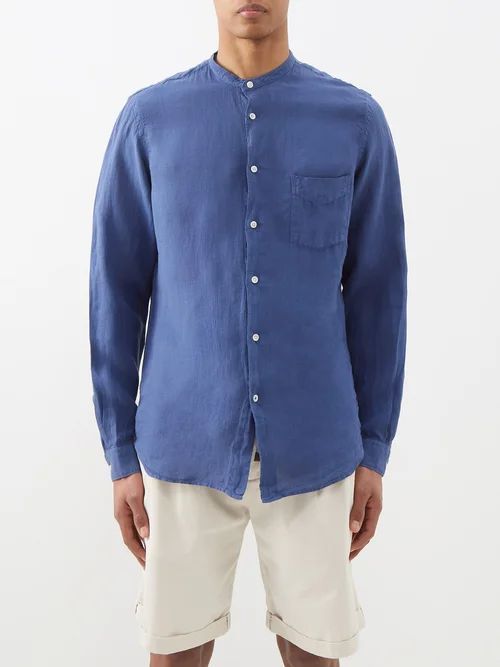 Collarless Linen Shirt - Mens - Denim
