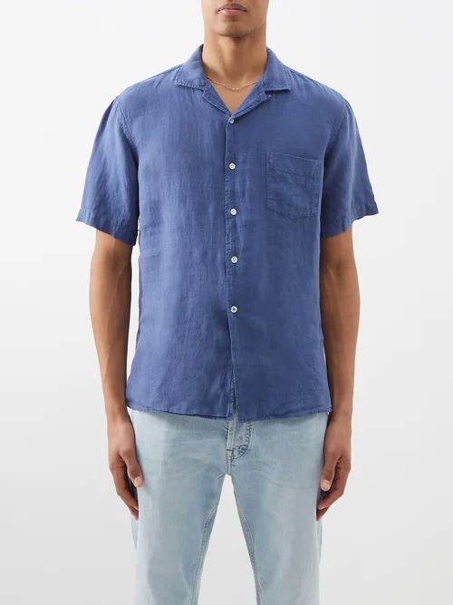 Cuban-collar Linen Shirt - Mens - Denim