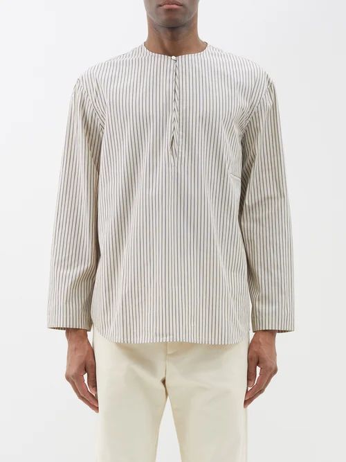 Collarless Striped Cotton Shirt - Mens - Cream Multi