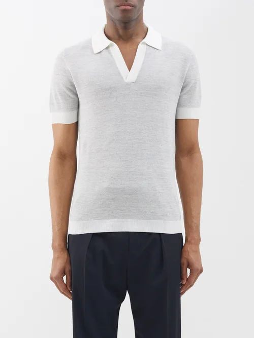 Contrast Cotton-blend Knitted Polo Shirt - Mens - Grey