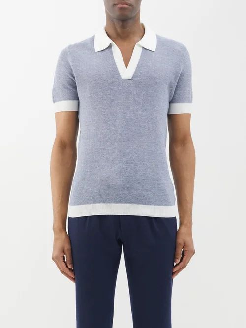 Contrast Cotton-blend Knitted Polo Shirt - Mens - Blue