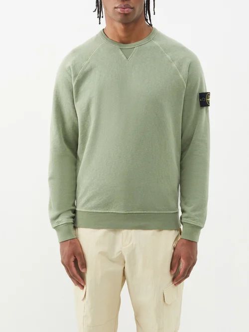 Logo-patch Crew-neck Cotton-jersey Sweatshirt - Mens - Sage