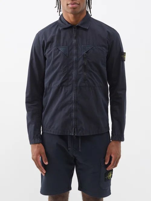 Logo-patch Garment-dyed Cotton Overshirt - Mens - Blue Navy