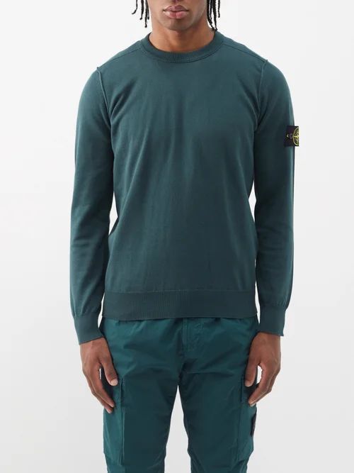 Logo-patch Knitted Cotton Sweatshirt - Mens - Green