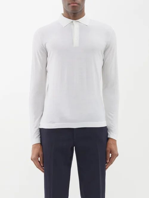 Long-sleeved Virgin-wool Polo Shirt - Mens - White