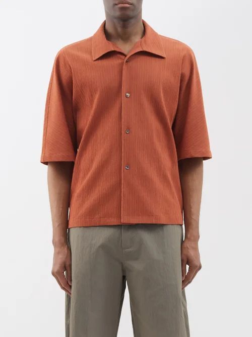 Pleated Cotton-blend Shirt - Mens - Orange