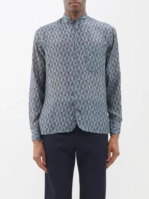 Stand-collar Block-print Silk Shirt - Mens - Green Multi