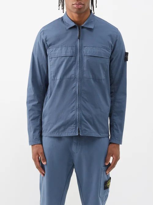 Zipped Logo-patch Cotton-blend Overshirt - Mens - Dark Blue