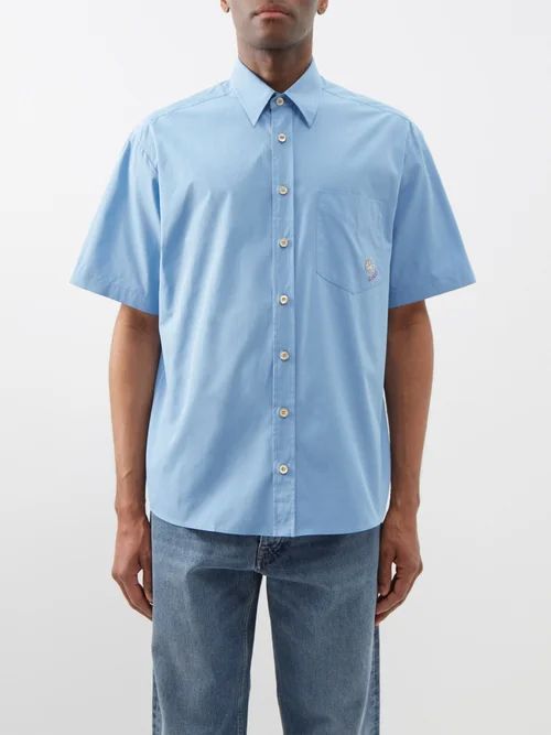 Pig-embroidered Cotton-poplin Shirt - Mens - Light Blue